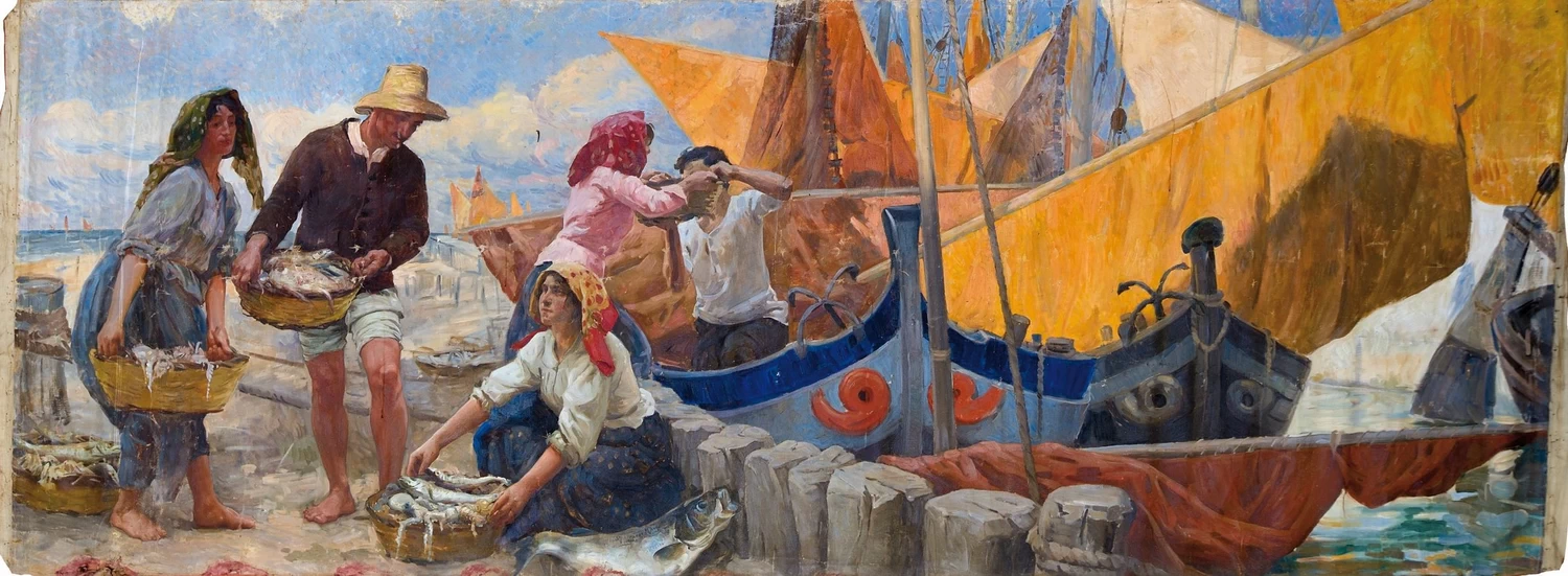 Bragozzi uscenti da un Porto - Canale nell’Adriatico. Lo sbarco del pescato, Crea